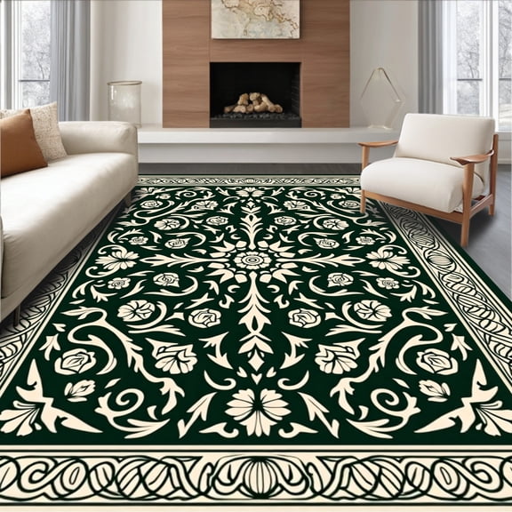 ODIKA 8'x10' Machine Washable Non-Slip Area Rug, Damask Rose Vine Machine Decorative Floor Cover High Traffic Rug, Green, 547179