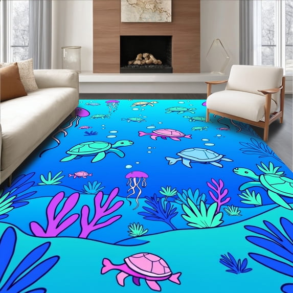 ODIKA 8'x10' Machine Washable Non-Slip Area Rug, Deep Ocean Discovery Ensemble Vibrant Animated Ecosystem High Traffic Rug, Blue, 720663