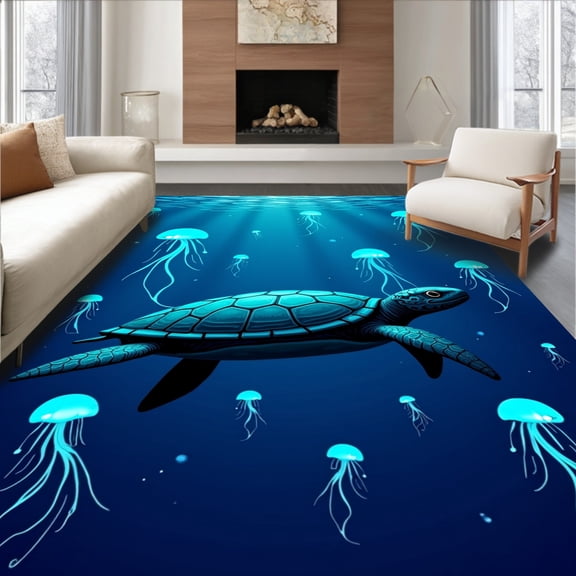 ODIKA 8'x10' Machine Washable Non-Slip Area Rug, Deep Sea Adventure Latch Hooking Art with Journey Theme High Traffic Rug, Blue, 640244