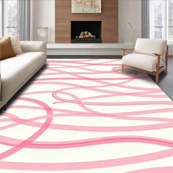 ODIKA 8'x10' Machine Washable Non-Slip Area Rug, Delicate Blush Ribbon High Traffic Rug with Pad, Pink, 451995
