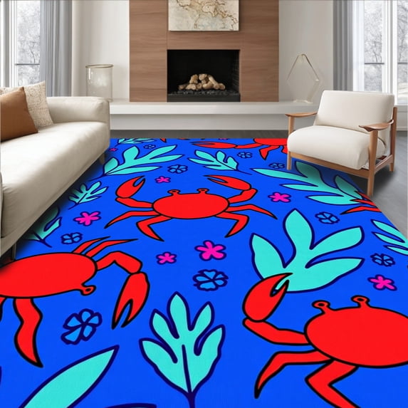 ODIKA 8'x10' Machine Washable Non-Slip Area Rug, Delightful Underwater Cartoon Theme with Expressive Crab Character High Traffic Rug, Blue, 724967