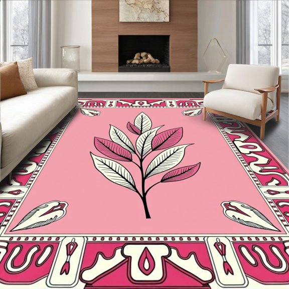 ODIKA 8'x10' Machine Washable Non-Slip Area Rug, Desert Bloom Medallion Featuring Stylized Feathers and Abstract Florals High Traffic Rug, Pink, 475188