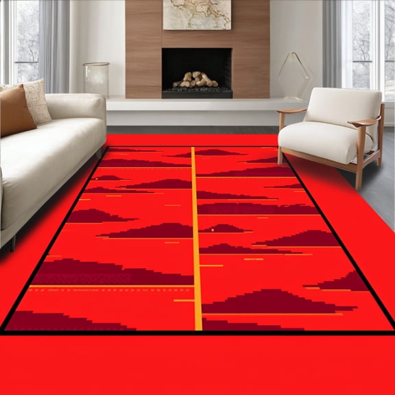 ODIKA 8'x10' Machine Washable Non-Slip Area Rug, Digital Adventure Pixel Landscape Virtual World Fantasy High Traffic Rug, Red, 579430
