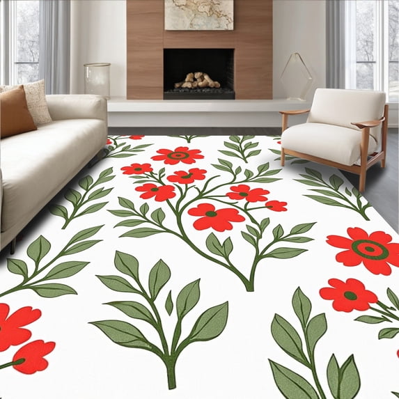 ODIKA 8'x10' Machine Washable Non-Slip Area Rug, Distressed Botanical Floral with Faded Petal Designs High Traffic Rug, Red, 572961