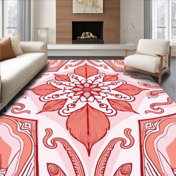 ODIKA 8'x10' Machine Washable Non-Slip Area Rug, Dreamcatcher Feather Design High Traffic Rug, Red, 475218