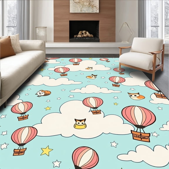ODIKA 8'x10' Machine Washable Non-Slip Area Rug, Dreamy Celestial Expedition with Lovable Critter Travelers Theme High Traffic Rug, Blue, 682589