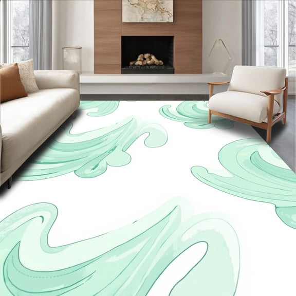 ODIKA 8'x10' Machine Washable Non-Slip Area Rug, Dreamy Cloud Whimsical Swirl Elegant Plush Contemporary Accent High Traffic Rug, Mint, 579545
