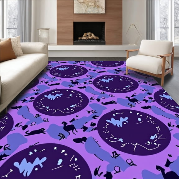 ODIKA 8'x10' Machine Washable Non-Slip Area Rug, Dreamy Pooch Constellation Starry Night Sky Effect High Traffic Rug, Purple, 579601