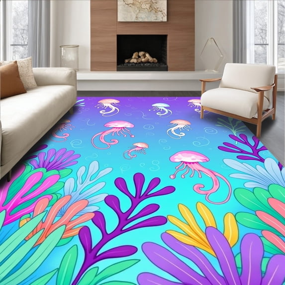 ODIKA 8'x10' Machine Washable Non-Slip Area Rug, Dreamy Undersea DIY Stitching Canvas High Traffic Rug with Pad, Blue, 726029
