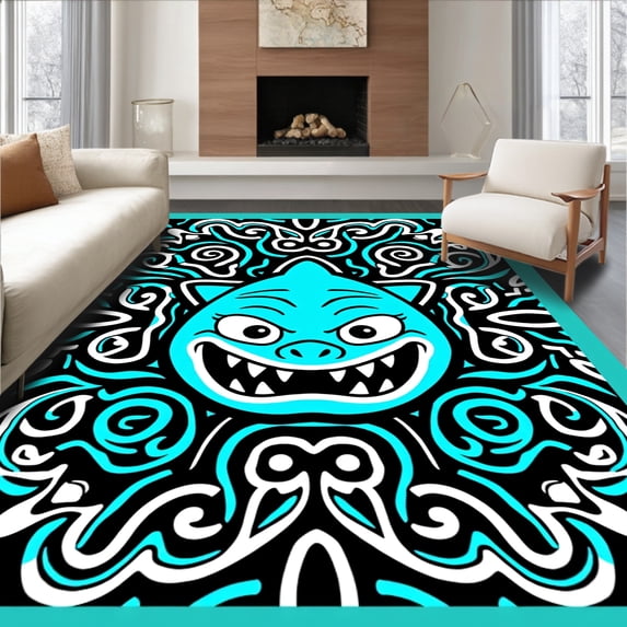 ODIKA 8'x10' Machine Washable Non-Slip Area Rug, Dynamic Character with Swirling Oceanic Detailing High Traffic Rug with Pad, Black, 728007