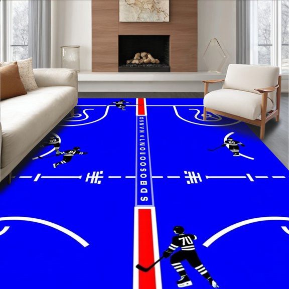 ODIKA 8x10 Machine Washable Non-Slip Area Rug, Dynamic Rink Action Ice Player Championship Game High Traffic Rug, Blue, 677774
