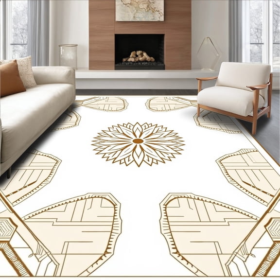 ODIKA 8'x10' Machine Washable Non-Slip Area Rug, Eclipse Medallion Interlocking Lattice with Artisanal Line Accents High Traffic Rug, Brown, 658137