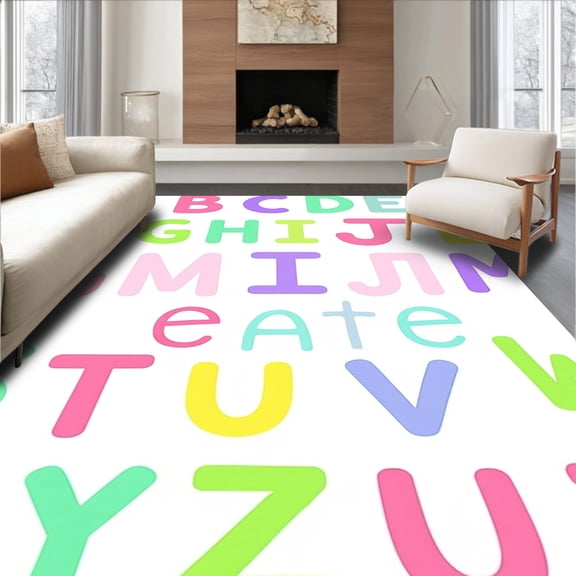 ODIKA 8'x10' Machine Washable Non-Slip Area Rug, Educational ABC Character with Whimsical Font Styling High Traffic Rug, Pink, 689930