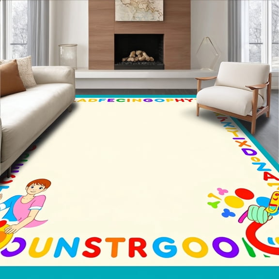 ODIKA 8'x10' Machine Washable Non-Slip Area Rug, Educational ABC Circular Learning With Vibrant Alphabet Characters High Traffic Rug, Red, 690010
