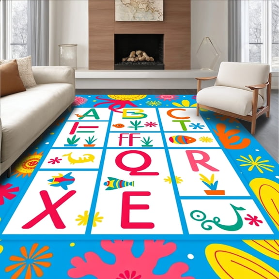 ODIKA 8'x10' Machine Washable Non-Slip Area Rug, Educational ABC Learning Playmat With Vibrant Underwater Creatures High Traffic Rug, Blue, 693438