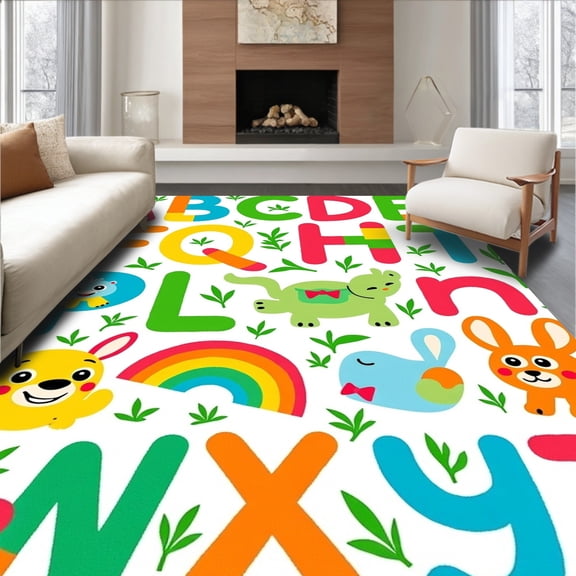 ODIKA 8'x10' Machine Washable Non-Slip Area Rug, Educational Alphabet ABC Learning Adventure Cartoon Animal High Traffic Rug, Red, 693466