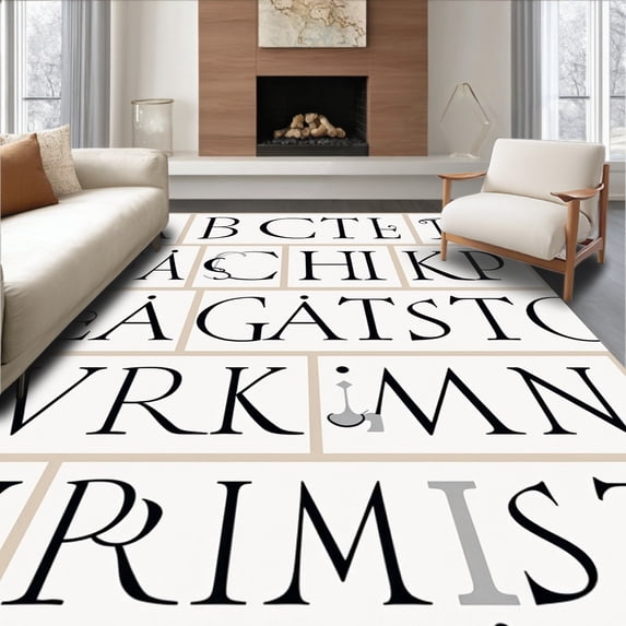 ODIKA 8'x10' Machine Washable Non-Slip Area Rug, Educational Alphabet Typography Learning Play With Scandinavian Font High Traffic Rug, Black, 696743