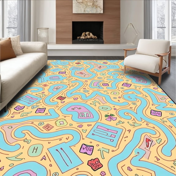 ODIKA 8'x10' Machine Washable Non-Slip Area Rug, Educational Maze with Letter Trail and Animal Friends High Traffic Rug, Gold, 690171