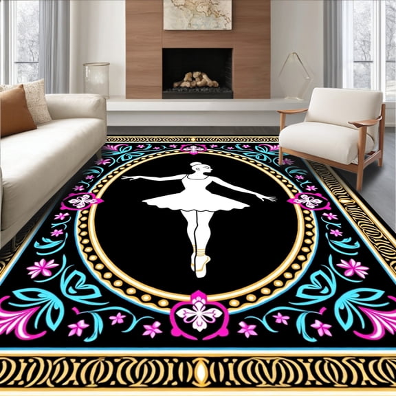 ODIKA 8'x10' Machine Washable Non-Slip Area Rug, Elegant Ballet with Floral Embellishments Latch Hook High Traffic Rug, Black, 645919