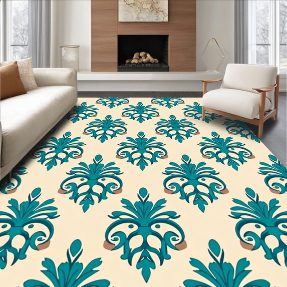 ODIKA 8'x10' Machine Washable Non-Slip Area Rug, Elegant Damask Swirl Design Featuring Luxurious Botanical Accents High Traffic Rug with Pad, Teal, 567706