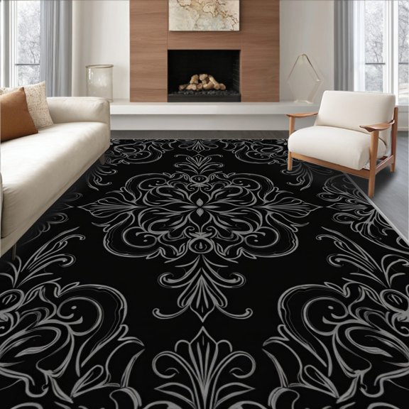 ODIKA 8'x10' Machine Washable Non-Slip Area Rug, Elegant Damask Swirl Luxurious Decorative Accent High Traffic Rug, Black, 478453