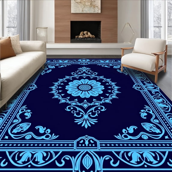 ODIKA 8'x10' Machine Washable Non-Slip Area Rug, Elegant Damask Vintage Medallion Decorative Accent High Traffic Rug, Blue, 526954