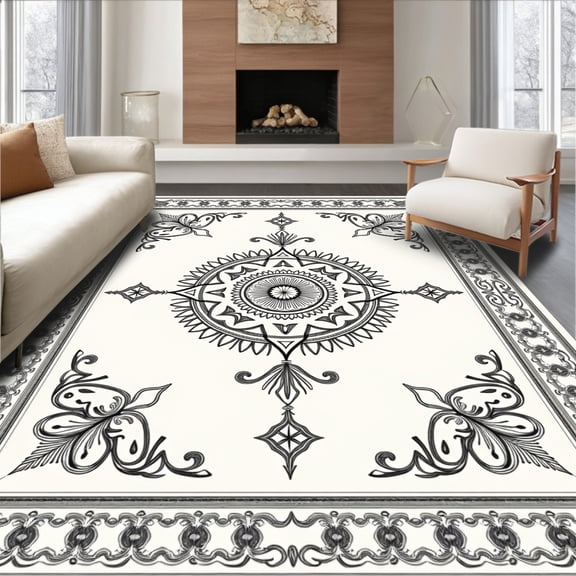 ODIKA 8'x10' Machine Washable Non-Slip Area Rug, Elegant Distressed Vintage Adirondack High Traffic Rug, Black, 658427