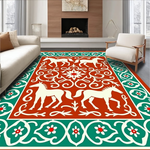 ODIKA 8'x10' Machine Washable Non-Slip Area Rug, Elegant Equestrian Featuring Stylized Horse High Traffic Rug, Red, 635406