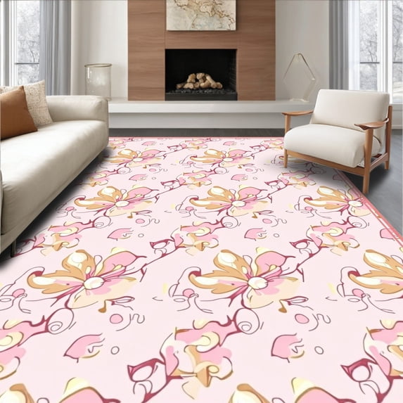 ODIKA 8'x10' Machine Washable Non-Slip Area Rug, Elegant Floral Swirl with Interlocking Petals and Accents High Traffic Rug, Pink, 481923