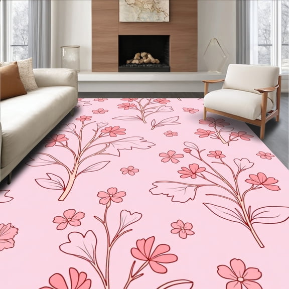 ODIKA 8'x10' Machine Washable Non-Slip Area Rug, Elegant Floral Vine Jacquard High Traffic Rug, Pink, 463697