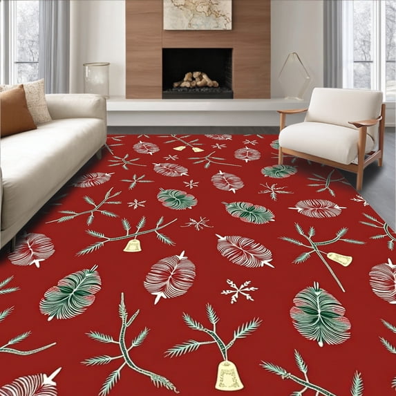 ODIKA 8'x10' Machine Washable Non-Slip Area Rug, Elegant Frosty Pinecone Seasonal Entrance High Traffic Rug, Red, 621300