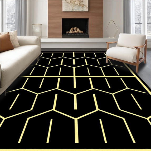 ODIKA 8'x10' Machine Washable Non-Slip Area Rug, Elegant Honeycomb Trellis Art High Traffic Rug with Pad, Black, 581896