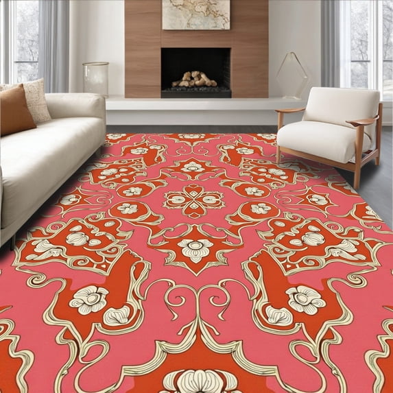 ODIKA 8'x10' Machine Washable Non-Slip Area Rug, Elegant Interlocking Floral with Worn Vintage Aesthetic High Traffic Rug, Pink, 572971