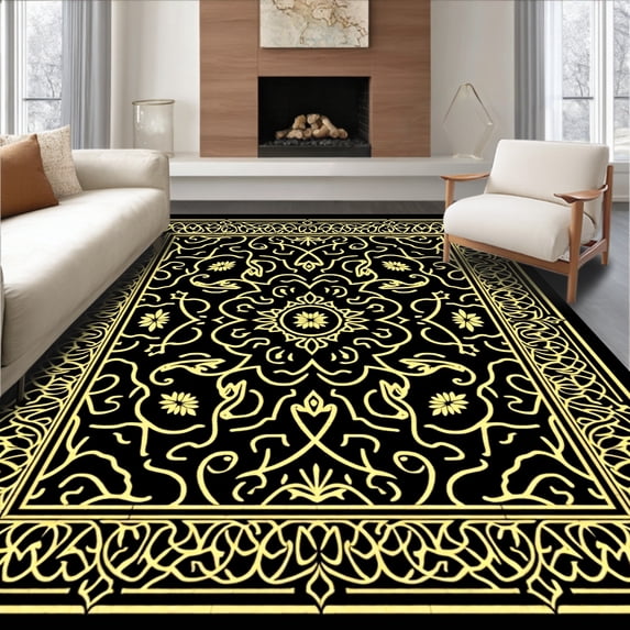 ODIKA 8'x10' Machine Washable Non-Slip Area Rug, Elegant Interlocking Medallion Motif with Ornate Filigree Accents High Traffic Rug, Black, 594481