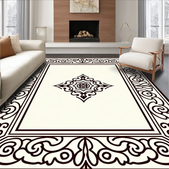ODIKA 8'x10' Machine Washable Non-Slip Area Rug, Elegant Interlocking Medallion Trellis Lattice Scroll Motif High Traffic Rug, Brown, 539704