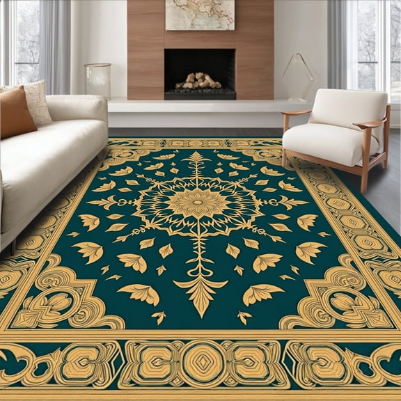 ODIKA 8'x10' Machine Washable Non-Slip Area Rug, Elegant Jacquard Medallion with Ornate Floral Accents High Traffic Rug, Gold, 665490