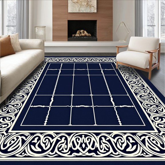 ODIKA 8x10 Machine Washable Non-Slip Area Rug, Elegant Latticework With Symmetrical Embellishment High Traffic Rug, Blue, 658560