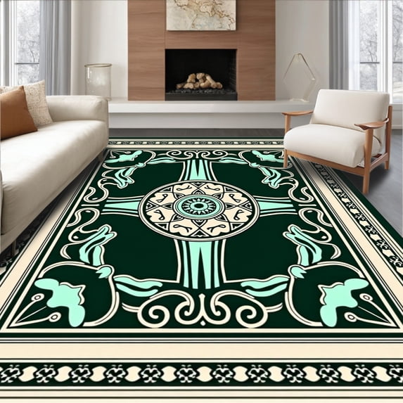 ODIKA 8'x10' Machine Washable Non-Slip Area Rug, Elegant Medallion Whirl Symmetrical Trellis Swirl Plaid Lattice High Traffic Rug, Green, 528993