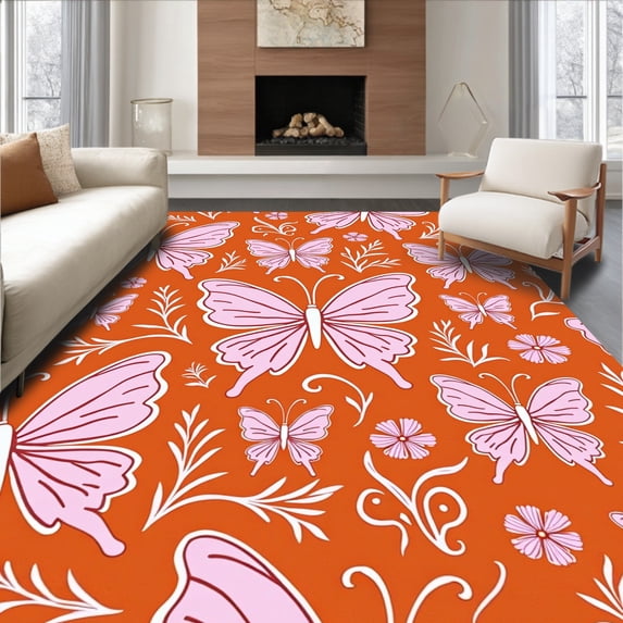 ODIKA 8'x10' Machine Washable Non-Slip Area Rug, Elegant Motif with Delicate Swirls and Floral Accents High Traffic Rug, Orange, 707567