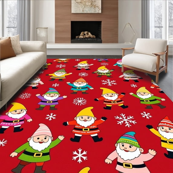 ODIKA 8'x10' Machine Washable Non-Slip Area Rug, Elegant Nordic Gnome Parade Holiday Bathroom Decoration High Traffic Rug, Red, 632443