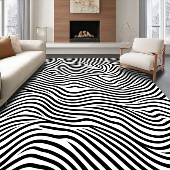 ODIKA 8'x10' Machine Washable Non-Slip Area Rug, Elegant Swirl Maze Hypnotic Flowing Ripple Decorative High Traffic Rug, Black, 443529