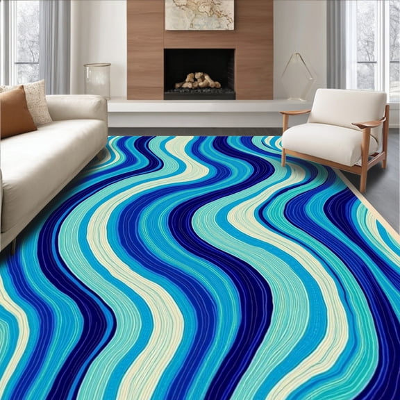 ODIKA 8'x10' Machine Washable Non-Slip Area Rug, Elegant Swirl Symphony Abstract Waterfall Cascade Ripple High Traffic Rug, Blue, 664238