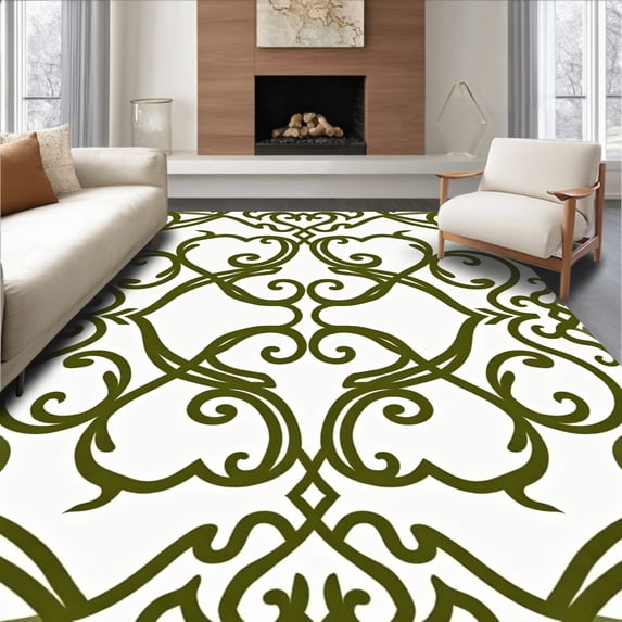 ODIKA 8'x10' Machine Washable Non-Slip Area Rug, Elegant Swirl Trellis Ornamental Decorative Flooring Accent High Traffic Rug, Green, 583569