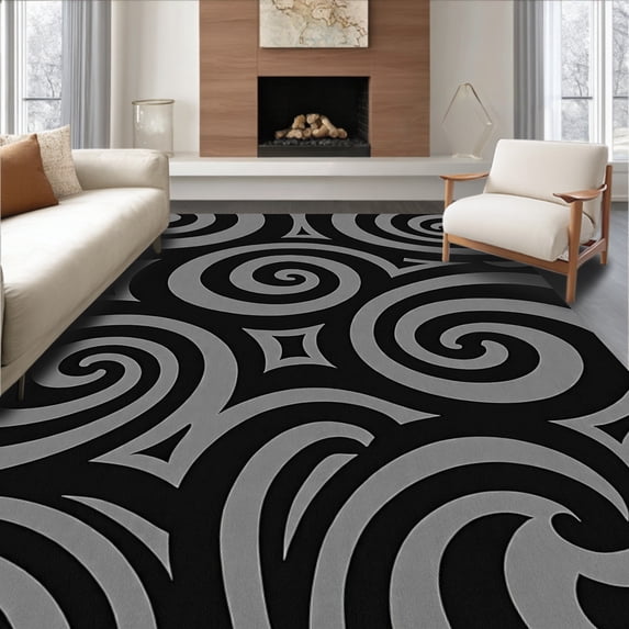 ODIKA 8'x10' Machine Washable Non-Slip Area Rug, Elegant Tie Dyed Monochrome Swirl Abstract Contemporary Decorative High Traffic Rug, Black, 601219