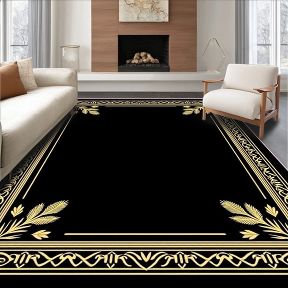 ODIKA 8'x10' Machine Washable Non-Slip Area Rug, Elegant Yuletide Celebration Front Porch Greeting High Traffic Rug, Black, 628777