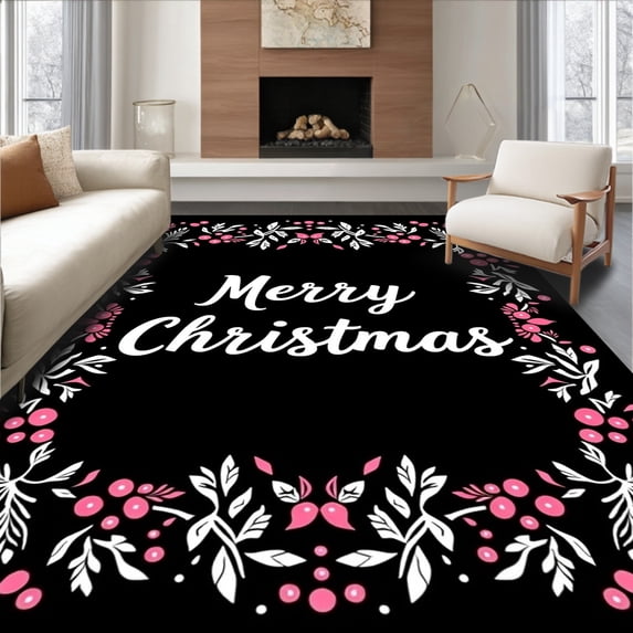 ODIKA 8'x10' Machine Washable Non-Slip Area Rug, Elegant Yuletide Greeting Front Step Decoration Winter Wonderland High Traffic Rug, Black, 505989