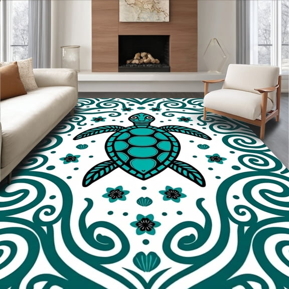 ODIKA 8'x10' Machine Washable Non-Slip Area Rug, Enchanted Aquarium Lagoon Expedition Nautical Treasure Discovery High Traffic Rug, Blue, 717109