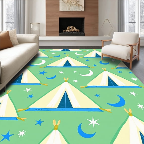 ODIKA 8'x10' Machine Washable Non-Slip Area Rug, Enchanted Camping Ground Design with Starry Night High Traffic Rug, Green, 683208