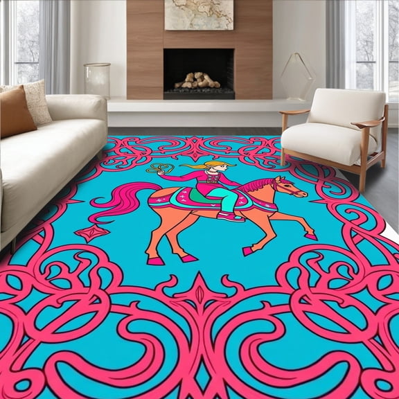 ODIKA 8'x10' Machine Washable Non-Slip Area Rug, Enchanted Carousel Horse Artistic Creation High Traffic Rug, Pink, 635423