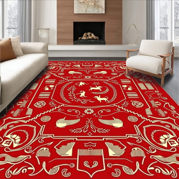 ODIKA 8'x10' Machine Washable Non-Slip Area Rug, Enchanted Dachshund and Gift Box with Festive Details High Traffic Rug, Red, 646237
